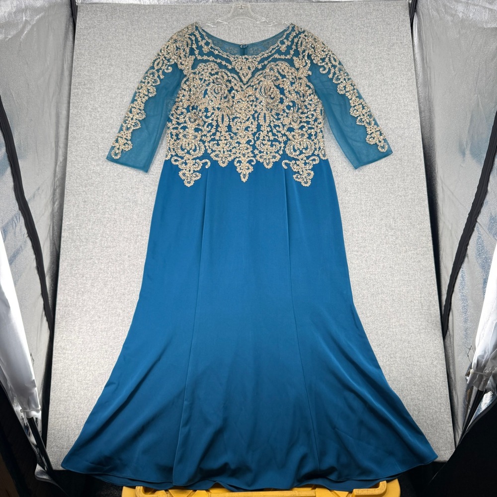Annabelle Evening Gown 22 Teal Blue Gold Lace Rhinestone Formal Mother of Bride